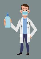 doctor wear face mask and show hand sanitizer bottle vector