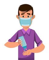 boy wear mask and sanitizing hands with sanitizer gel vector
