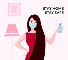 girl wearing face mask and showing sanitizer for preventing from corona virus or covid-19 vector