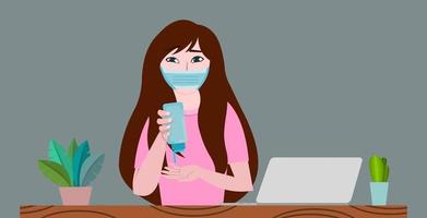 Woman is working on a laptop at home and sanitizing hands for preventing corona virus or covid-19 vector