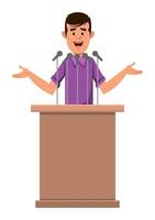 casual boy cartoon character speaker stands behind the podium and speaks.  Flat style cartoon character for your design, motion or animation vector