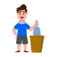 cute boy throwing plastic sack into the trash bin vector