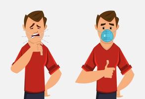 young boy coughing and wearing protective face mask. Flat style character design for your design, motion or animation vector