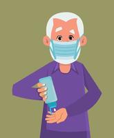 old man wear mask and sanitizing hands with sanitizer gel. old flat style character design for your design, motion, or animation. vector