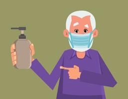 old man holding and showing sanitizer gel bottle.  old flat style character design for your design, motion, or animation. vector