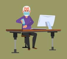 old man work from home and wash his had with alcohol gel. old flat style character design for your design, motion, or animation. vector