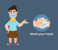 cute boy recommends preventing virus by washing your hands vector