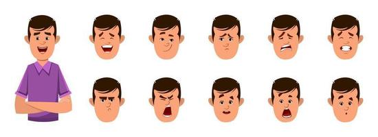 casual boy cartoon character with different facial expression set.  different facial emotions for custom animation vector