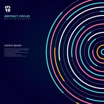 Abstract template colorful lines bright circles pattern on dark background.