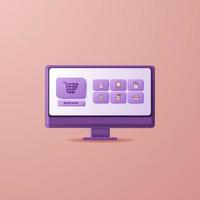 Desktop computer online shopping eccomerce design with 3d icon element for marketing and business vector