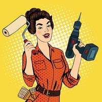 Girl with Roller Brush and Drill. Woman Doing Repairs. Pop Art. Pin Up Girl. Vector illustration