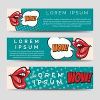 Horizontal banners template in pop art style with lips and speech bubbles. Vector illustration