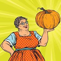 Cheerful grandmother with pumpkin for Thanksgiving vector