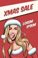 Pop art christmas sexy woman in Santa Claus hat with open mouth.Vector Christmas background in pop art retro comic style. vector