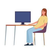 mujer usando computadora de escritorio vector