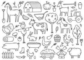 Dibujado a mano conjunto de animales de granja, comida de granjero. vector