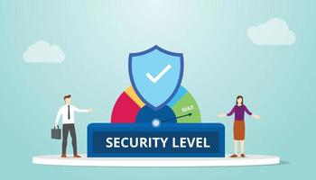 security level concept with secure badge and people team work together with modern flat style vector