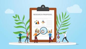 research proposal concept with people team analyze or analysis some data on paper document with modern flat style vector