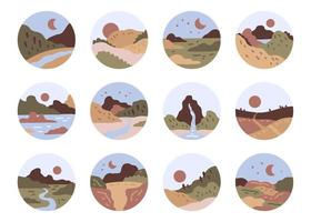 Abstract landscape view icon set. Mountains, river, sea view. vector