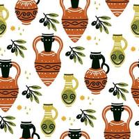 Seamless pattern with ancient Greek vases, amphoras and olive branch