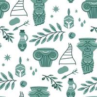 Seamless pattern with antique statue of man, column, olive, vase vector