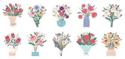 Flower bouquet. Set of bright spring blooming flowers in vases