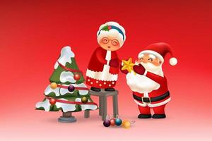 Santa Claus and Mrs Claus decorating christmas three vector