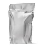 Foil bag blank. Silver plastic food pouch design. Zipper coffee packaging, resealable aluminum flex sachet. Chocolate powder packet, cocoa or spice wrap. Stand envelope container vector