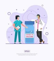 Flat illustration Nurses and doctors, with vaccine bottles vector