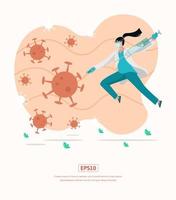 ilustración plana con ilustración de médico luchando contra el virus, con máscara y jeringa vector