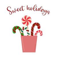 Christmas candies and lollipop. Decorative stand isolated. Sweet holidays text. Vector greeting card illustration