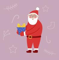 Cute Santa Claus smiles and holds gift. Christmas greeting card. Vector funny illustration. Simple style