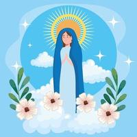 Assumption of Mary with flowers and clouds vector