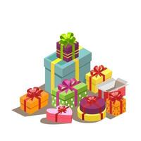 regalos de año nuevo, un montón de regalos en envases brillantes, lazos de cintas de seda en cajas de colores. geometría sorpresa de navidad, venta de invierno, plantilla web - vector