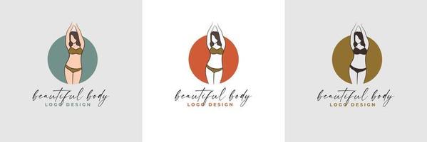 Silhouette and line art of beautiful woman body and female fitness logo template collection vector