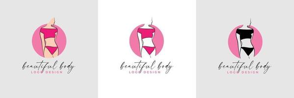 Silhouette and line art of beautiful woman body and female fitness logo template collection vector