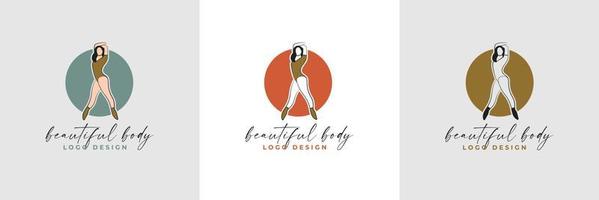 Silhouette and line art of beautiful woman body and female fitness logo template collection vector