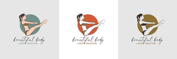 Silhouette and line art of beautiful woman body and female fitness logo template collection vector