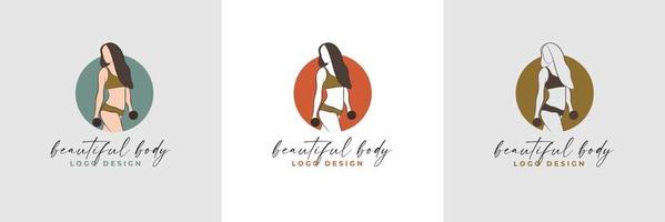 Silhouette and line art of beautiful woman body and female fitness logo template collection vector