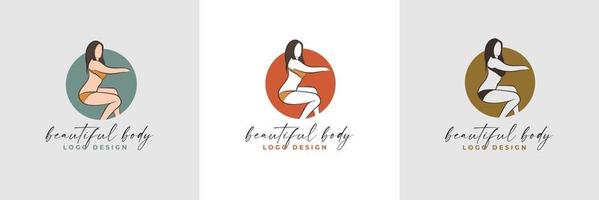 Silhouette and line art of beautiful woman body and female fitness logo template collection vector