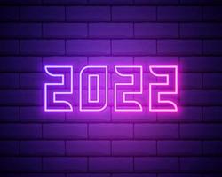 2022 neon signboard. Happy New Year. Realistic pink neon numbers on dark brick wall. Vector 2022 in neon linear style.