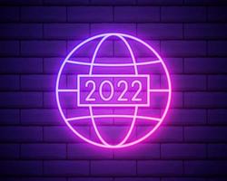 2022 neon signboard. Happy New Year. Realistic pink neon numbers on dark brick wall. Vector 2022 in neon linear style.