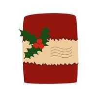 paquete de navidad. papel de regalo con bayas de acebo navideño. paquete postal vector