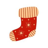 Cute knitted Christmas sock with a pattern. Red sock with stars vector