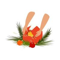 Hands unpack a box with Christmas decorations. Preparing for Christmas. New Year's holiday season vector
