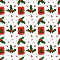 Seamless Christmas pattern with holly berries and stars vector