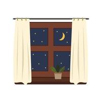 Window at night, with a houseplant on the windowsill. View from the window to the starry sky vector