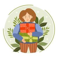 Young girl with gifts. The concept of giving gifts for the holiday. A woman holds Christmas gifts in her hands vector