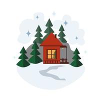 Winter landscape, red house in the mountains flat vector