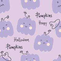 Halloween pumpkins seamless pattern with witch hats and text. vector